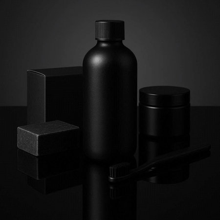Mockup of black cosmetic products on a black background with reflection.の写真素材