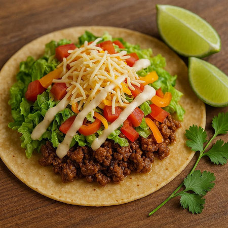 Mexican tacos with beef, cheese and vegetables on a wooden background