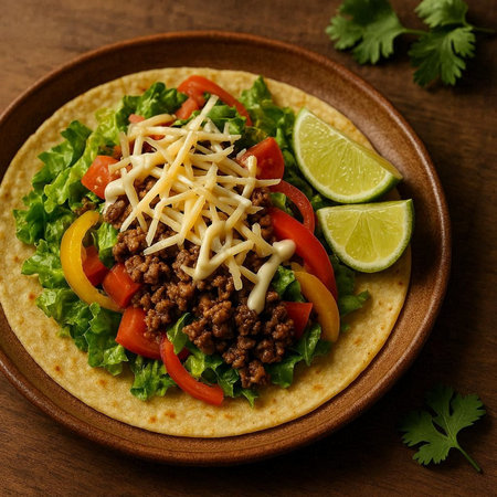 Mexican tacos with minced meat, vegetables and cheese on wooden backgroundの写真素材