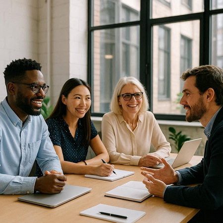 Smiling diverse businesspeople sitting at table in office, talking and smiling