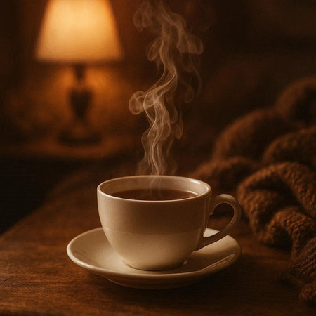 Cup of hot coffee on a wooden table with a warm scarf