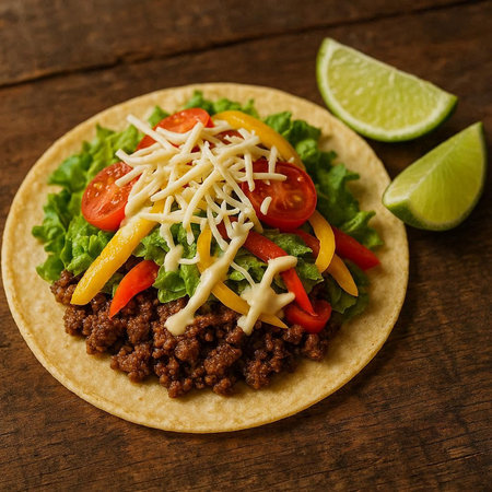 Mexican tacos with beef, vegetables and cheese on a wooden backgroundの写真素材