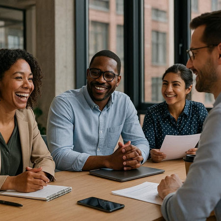 smiling multiethnic businesspeople sitting at table and discussing in office