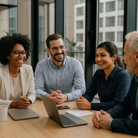 smiling multicultural business people sitting at table and working with laptop in office