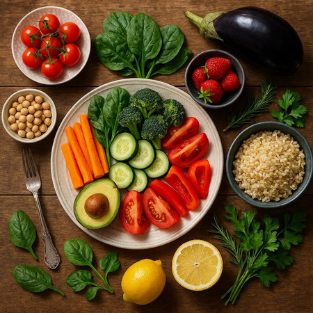 Healthy food clean eating selection on wooden background. Top view.の写真素材