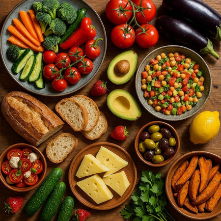 Healthy food background. Vegetables, fruits and nuts. Top view.の写真素材