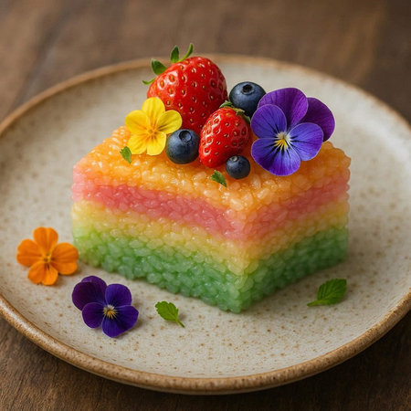 Rainbow cake decorated with fresh berries and edible flowers on wooden background