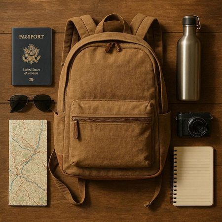 Top view of backpack, camera, map and notebook on wooden background