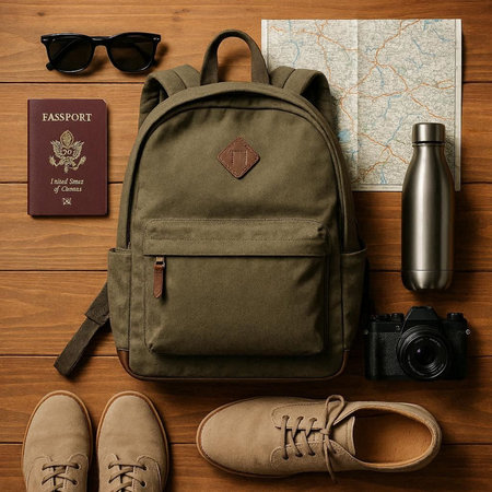 Traveler's accessories: backpack, sunglasses, map and shoes on wooden backgroundの写真素材