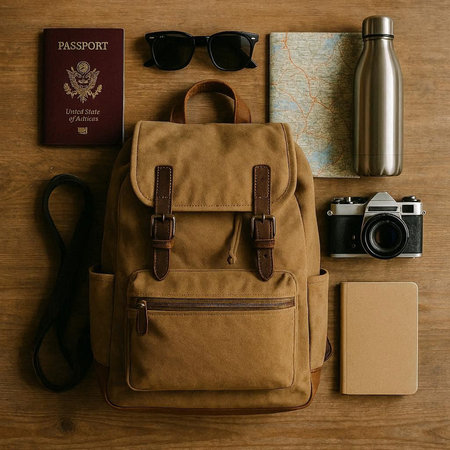 Set of travel items on wooden background. Backpack, camera, map and sunglasses.の写真素材