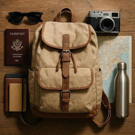 Vintage backpack, camera, passport and map on wooden background.