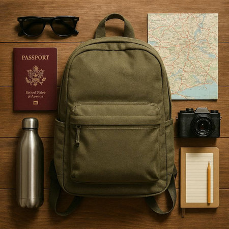 Top view of green backpack, camera, map, notebook and sunglasses on wooden background