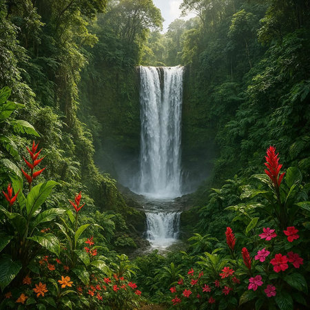 Tropical waterfall in the rainforest, Bali, Indonesiaの写真素材