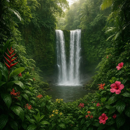 Waterfall in the jungle with red hibiscus flower.の写真素材