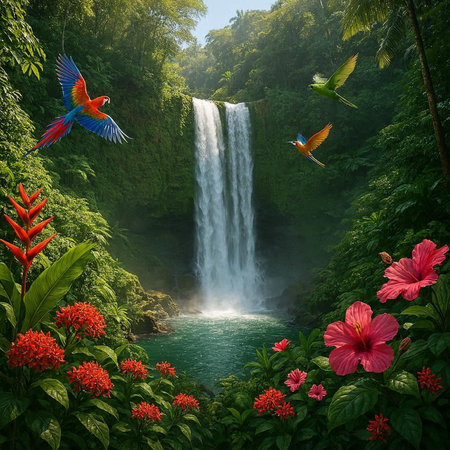 Waterfall in the jungle with parrots and red flowers. 3d rendering
