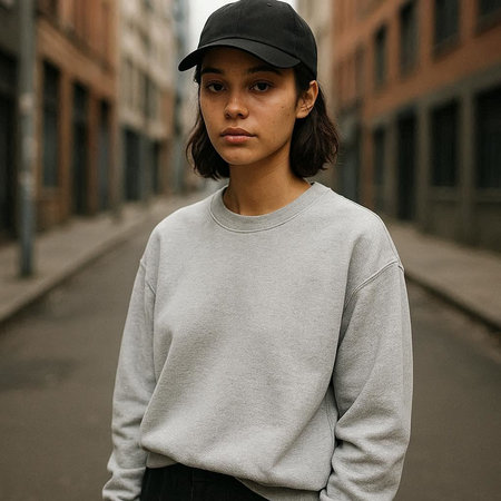 Portrait of a beautiful young woman wearing a cap and a gray sweatshirt.
