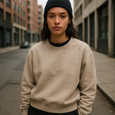 Portrait of a beautiful young girl in a beige sweater and black hat on the streetの写真素材
