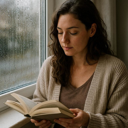 Young woman reading a book by the window on a rainy day.