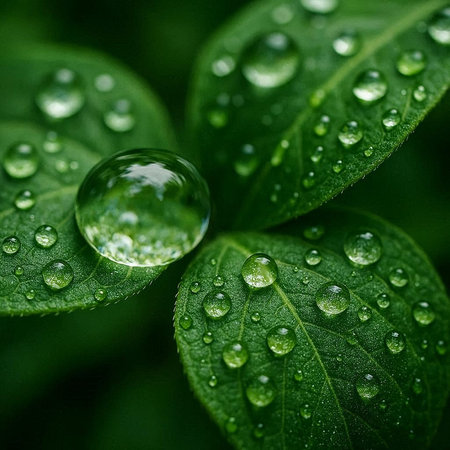 Water droplets on a green leaf. Shallow depth of field.