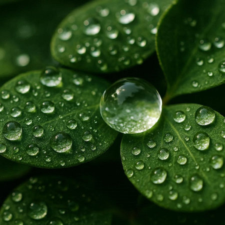 Water drops on green leaves. Nature background. Shallow depth of field.