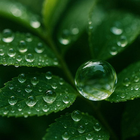 Water droplets on green leaf. Shallow depth of field.