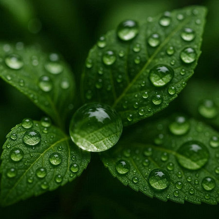 Water drops on green leaves. Natural background. Shallow depth of field.
