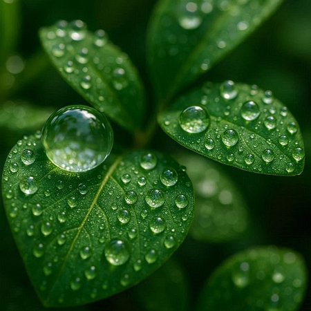 Water drops on a green leaf. Shallow depth of field.