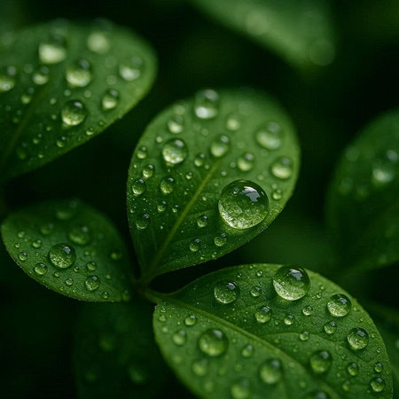 Green leaves with water drops. Natural background. Shallow depth of field.