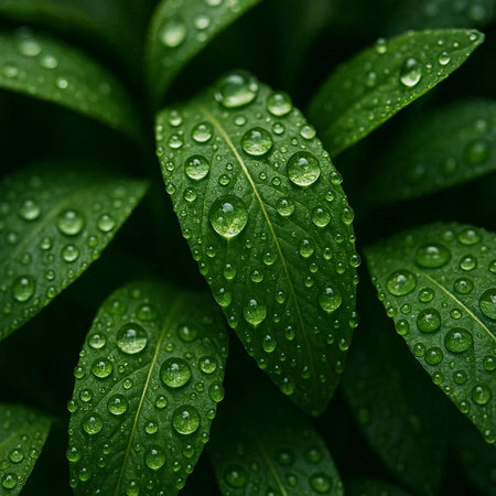 Water drops on green leaves. Close-up. Nature background.