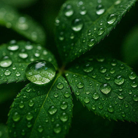 Water droplets on green leaves after rain. Shallow depth of field.