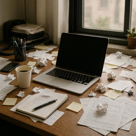 laptop on table with papers and cup of coffee at home office