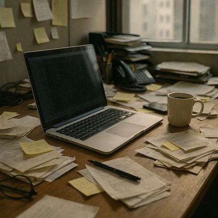 Office desk with laptop, documents and coffee cup. Workplace conceptの写真素材