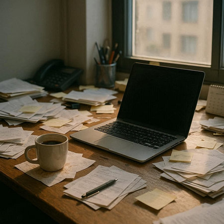 laptop on table with papers and cup of coffee in home officeの写真素材