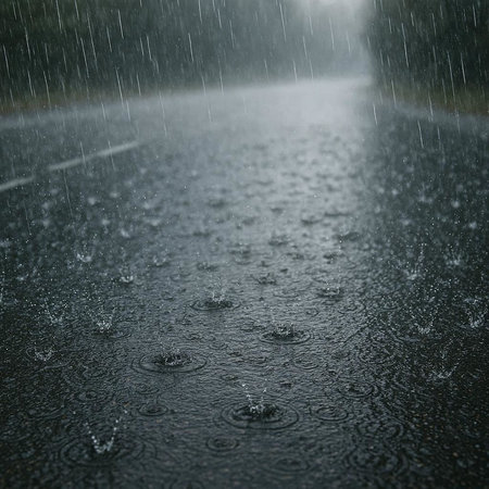 Raindrops on the asphalt road in the rain. Rainy weather.