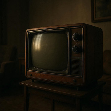 Retro television on a wooden table in a room with a dark backgroundの写真素材