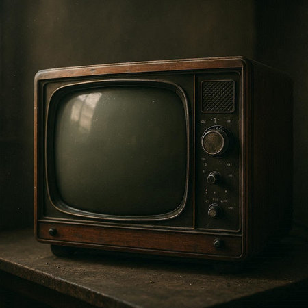 Vintage television on wooden table in dark room, retro toned