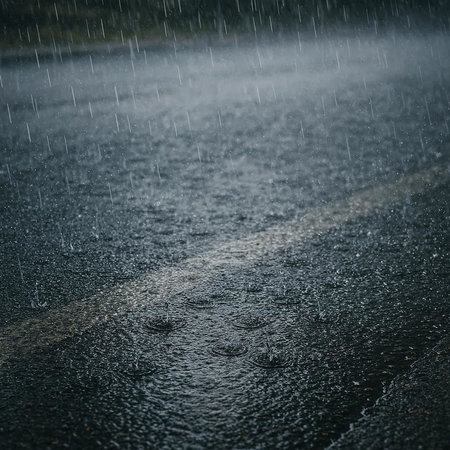 Rain drops on the asphalt road. Rainy weather. Abstract background.の写真素材