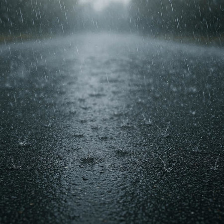 Raindrops on the asphalt road. Rainy weather. Abstract backgroundの写真素材