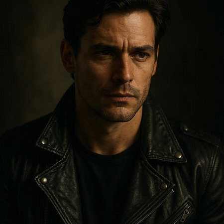 Portrait of a handsome man in a leather jacket on a dark background