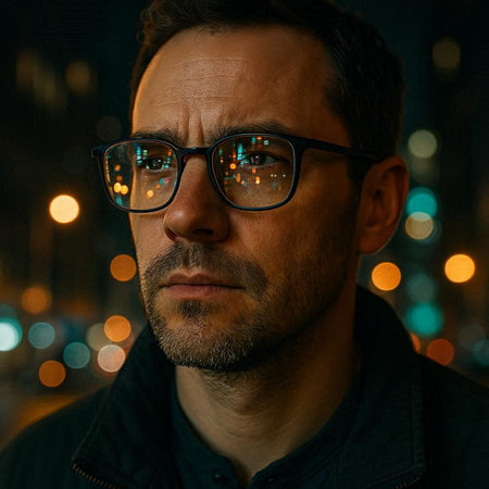 Portrait of a handsome man in glasses on the background of the night city.