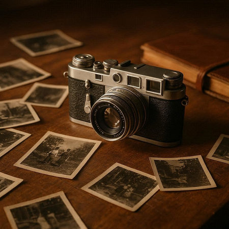 Vintage camera and old photos on wooden table. Selective focus.の写真素材