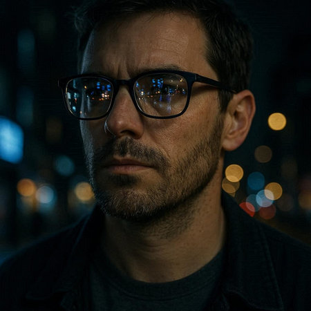 Portrait of a man with glasses against the background of the night city