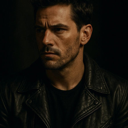 Portrait of a handsome man in a leather jacket on a dark background