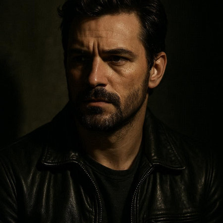 Portrait of a brutal man with a beard in a leather jacket on a dark background