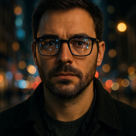 Portrait of a handsome man with a beard and glasses in the city at night