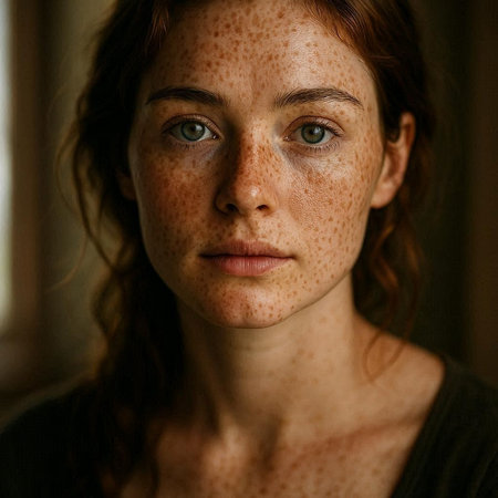 Portrait of young woman with freckles on her face.の写真素材