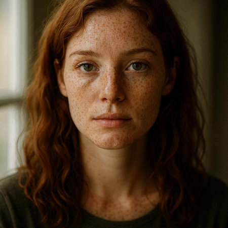 Portrait of a red-haired girl with freckles on her faceの写真素材