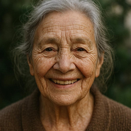 Portrait of an elderly woman smiling at the camera in a parkの写真素材