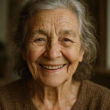 Portrait of a smiling senior woman at home, looking at camera.