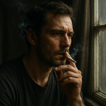 Portrait of a man with a cigarette on the background of the windowの写真素材